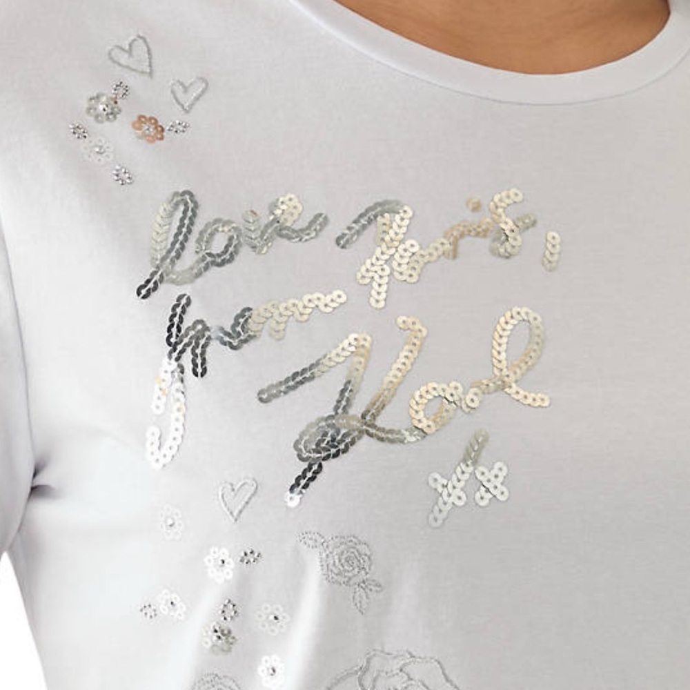 Karl Lagerfeld White Sequin Short Sleeve Tee ~ Large